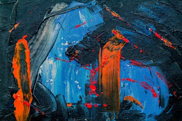 oil-painting-abstract-dark black blue background- foreground of light blue and orange random brushstrokes