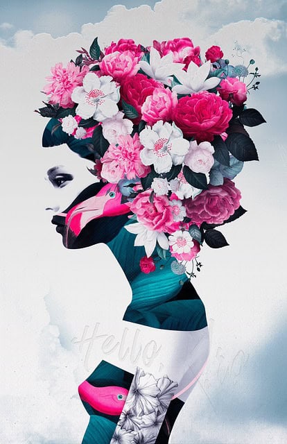 surreal digital art woman - with pink and white flowers - pink flamingo