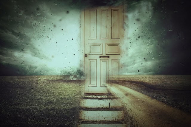 fantasy door disappearing into the background - exploding sky