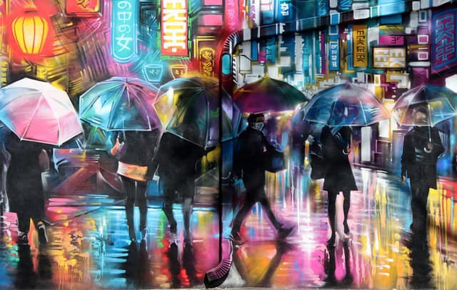 mural-stunning city mural- multicolour with people holding umbrella in china-work of art