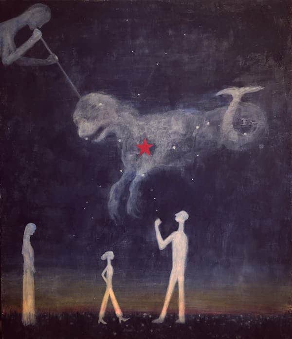 surrealism art ideas - white alien people with giant dog mermaid in the sky - black background